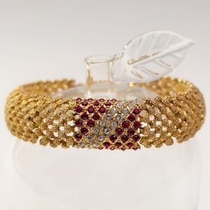 Vtg JBK Jacqueline Bouvier Kennedy Gold Tone Link Bracelet Red Clear Rhinestones